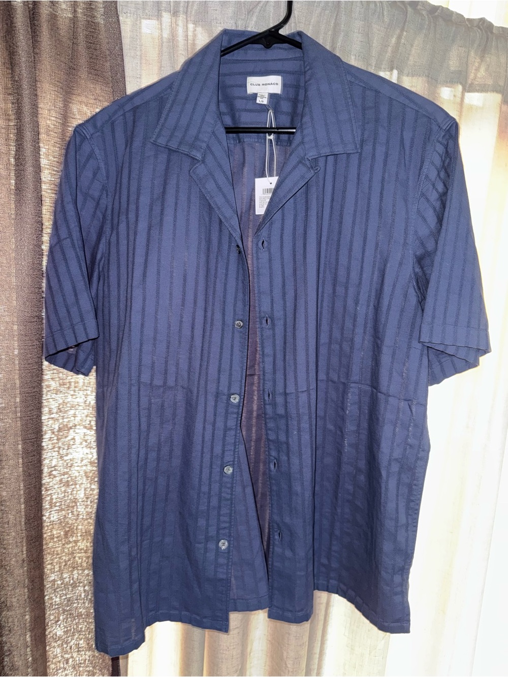 Club Monaco Linen Navy Short Sleeve Button-Up Shirt